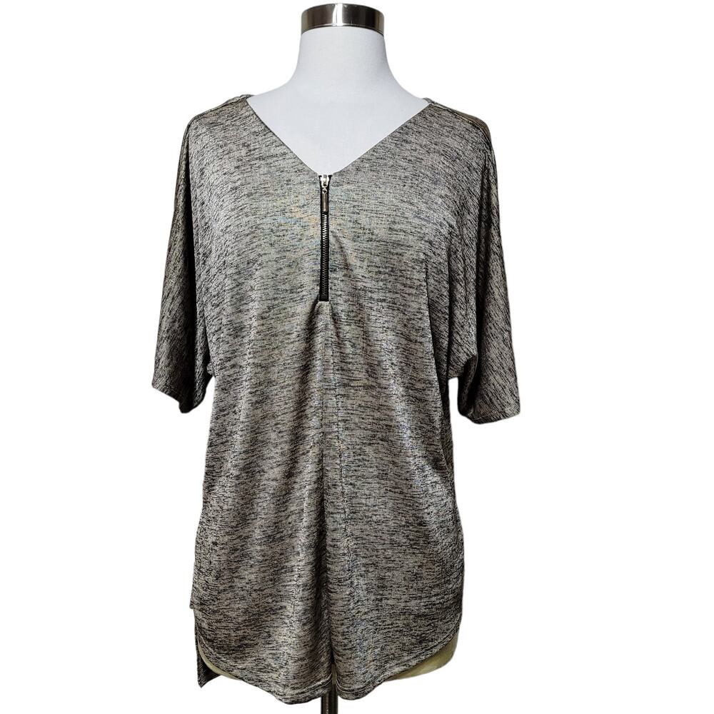 Gibson & Latimer Women Gold Metallic Knit Top V-Neckline Zipper Detail Small